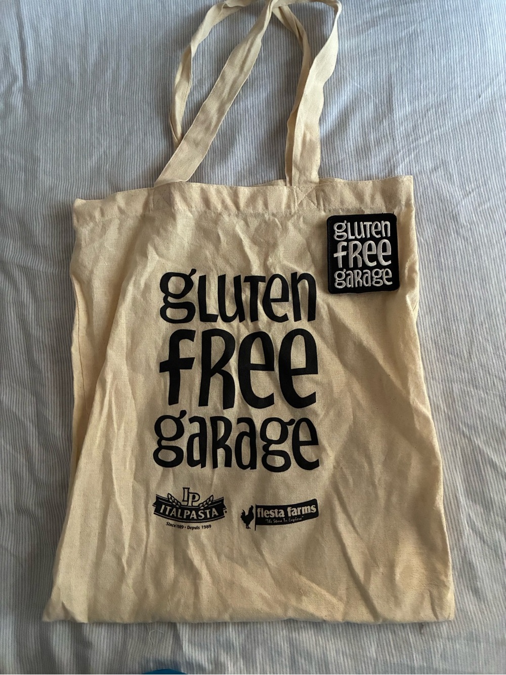 Gluten Free Garage Canvas Tote - Cream with Black Print + Velcro patch